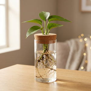 Vase à bouture en verre avec bouchon en liège et plante aux racines visibles dans l'eau
