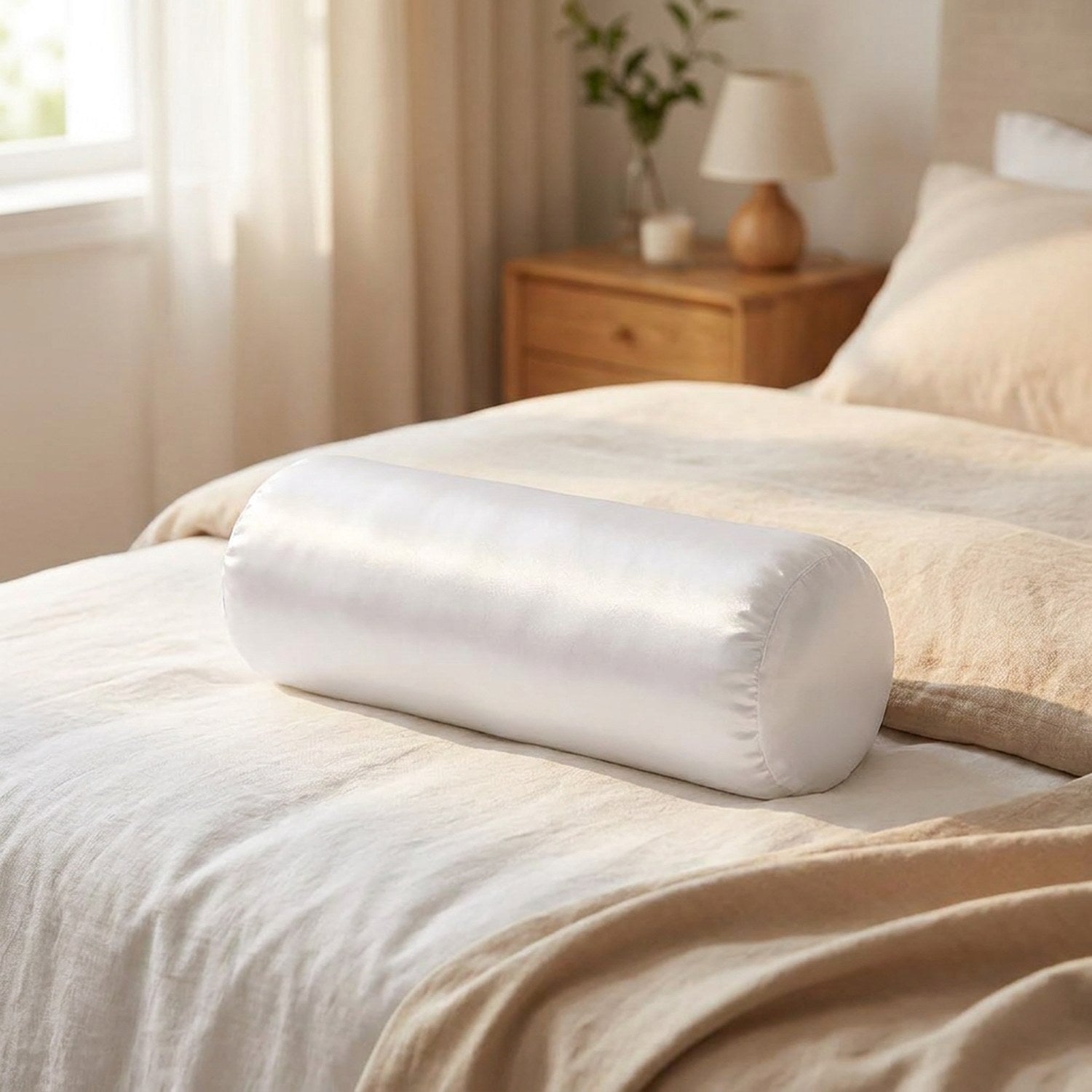 Traversin cylindrique satiné blanc posé sur un lit clair soutenant la nuque d'une dormeuse