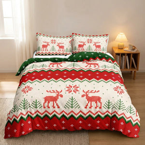 Parure de lit de Noël motif renne imprimée en 3D installée sur un lit dans une chambre chaleureuse