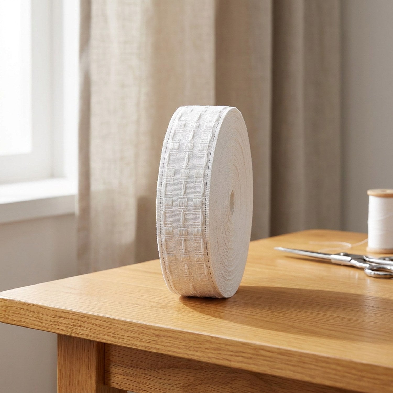 Ruban fronceur blanc pour rideaux enroulé montrant sa texture tissée en coton et lin