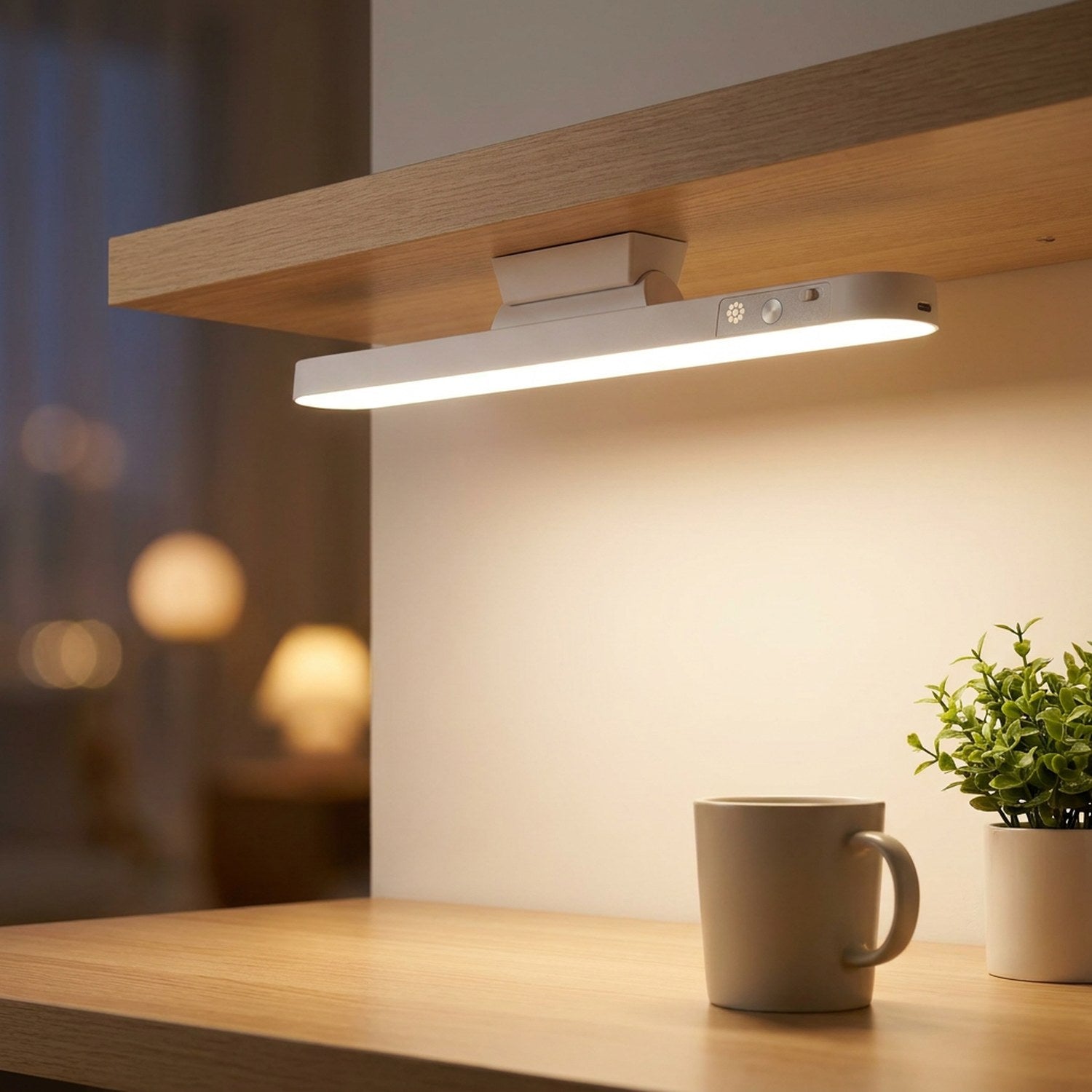 Lampe de bureau LED sans fil allumée sous une étagère au-dessus d'un bureau chaleureux