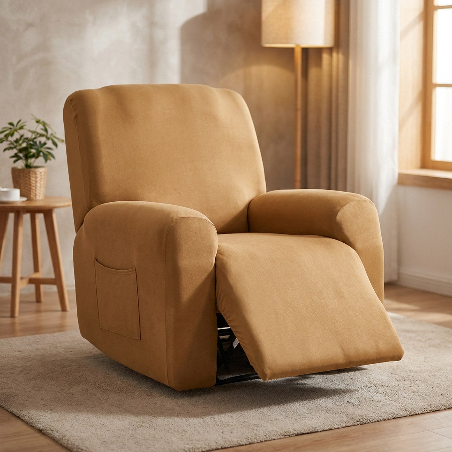 Housse de fauteuil relax inclinable de couleur beige installée sur un fauteuil de salon chaleureux