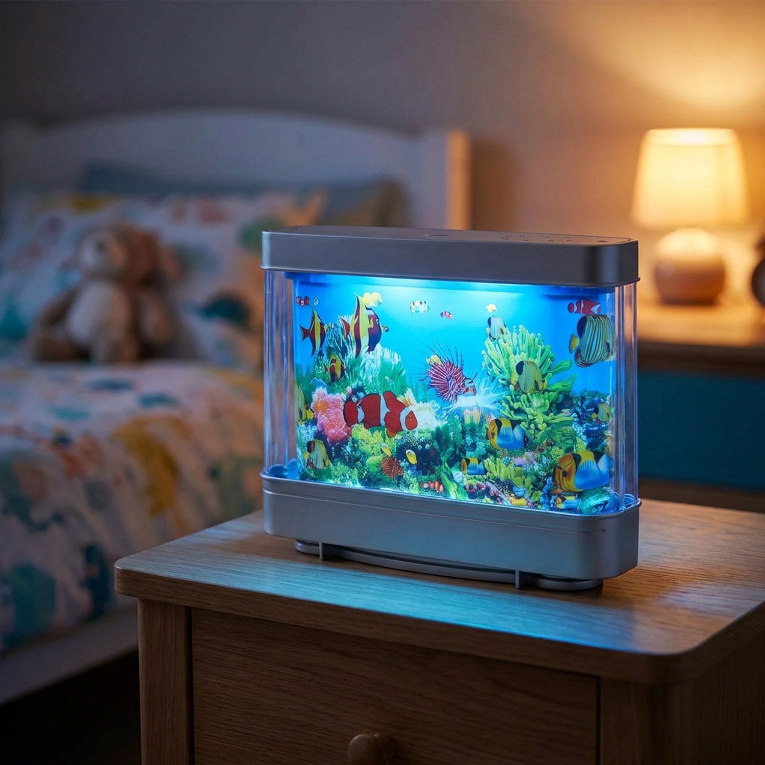 Lampe aquarium virtuel aux poissons tropicaux colorés illuminée en bleu posée sur une table de chevet