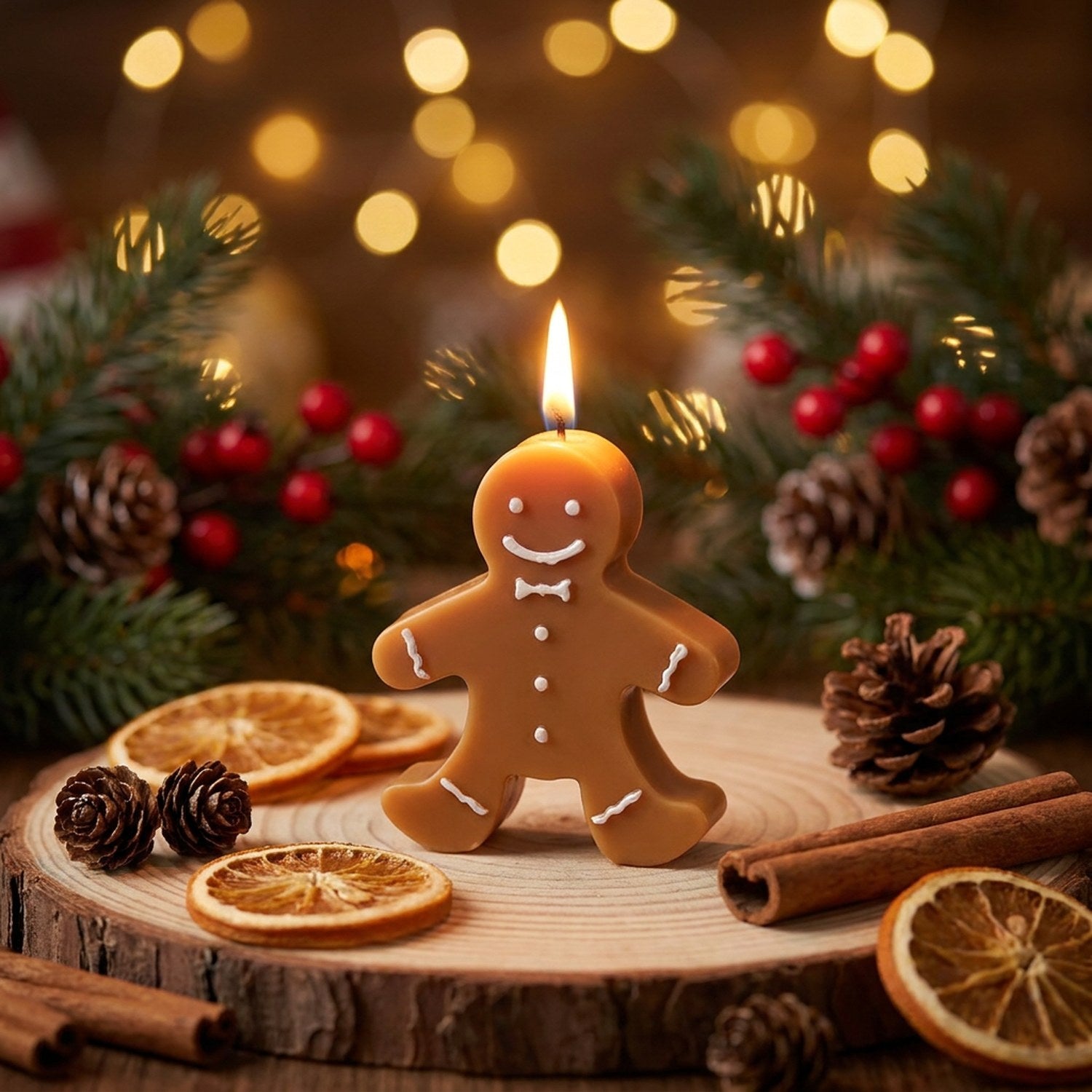 Bougie de Noël allumée en forme de pain d'épice sur plateau en bois avec pommes de pin et cannelle