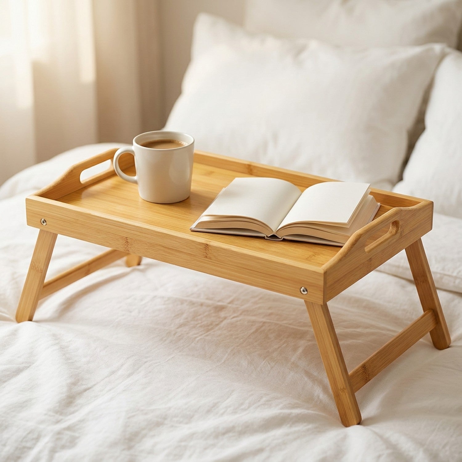 Plateau en bambou avec pieds pliables déployé sur un lit blanc avec une tasse de café et un livre
