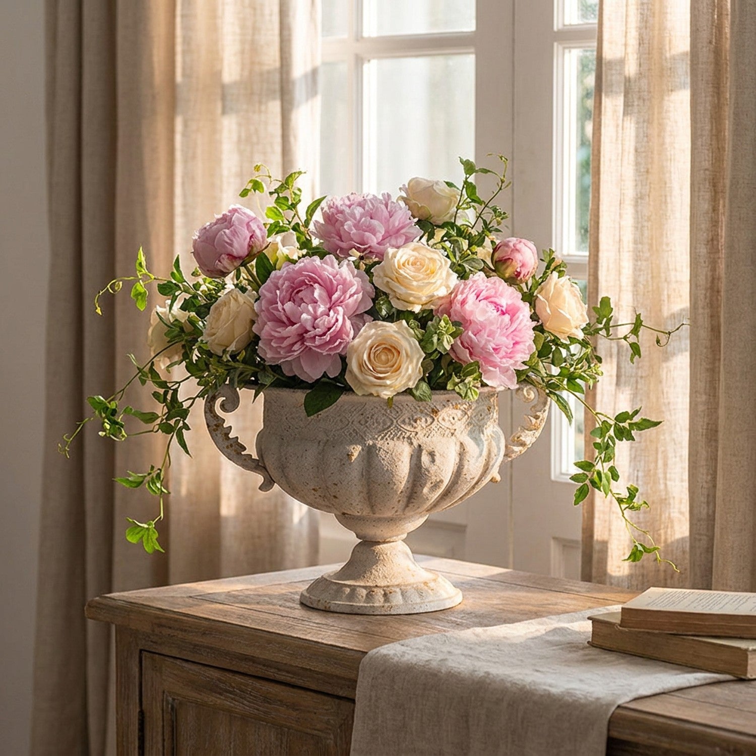 Urne décorative vintage coupe en métal blanc vieilli avec pivoines roses et roses crème sur buffet en bois