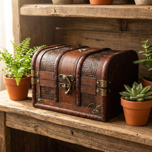 Coffret à bijoux antique vintage en bois et métal sur étagère en bois avec plante