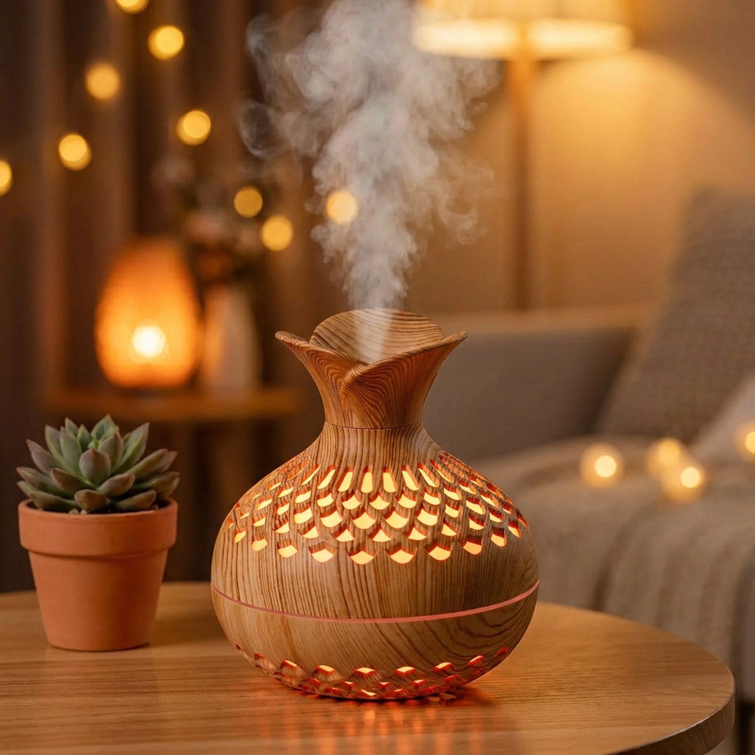 Diffuseur humidificateur bois LED salon lumière chaude brume