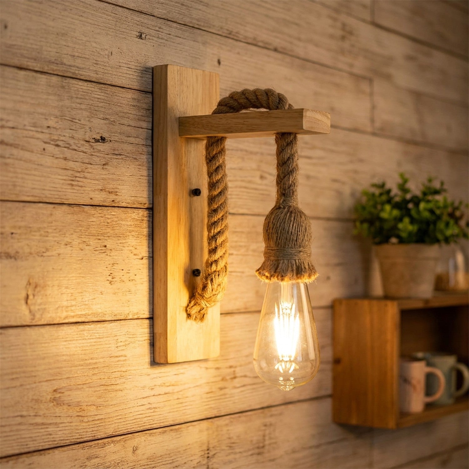 Applique murale en bois et corde de chanvre avec ampoule à filament allumée sur un mur d'intérieur