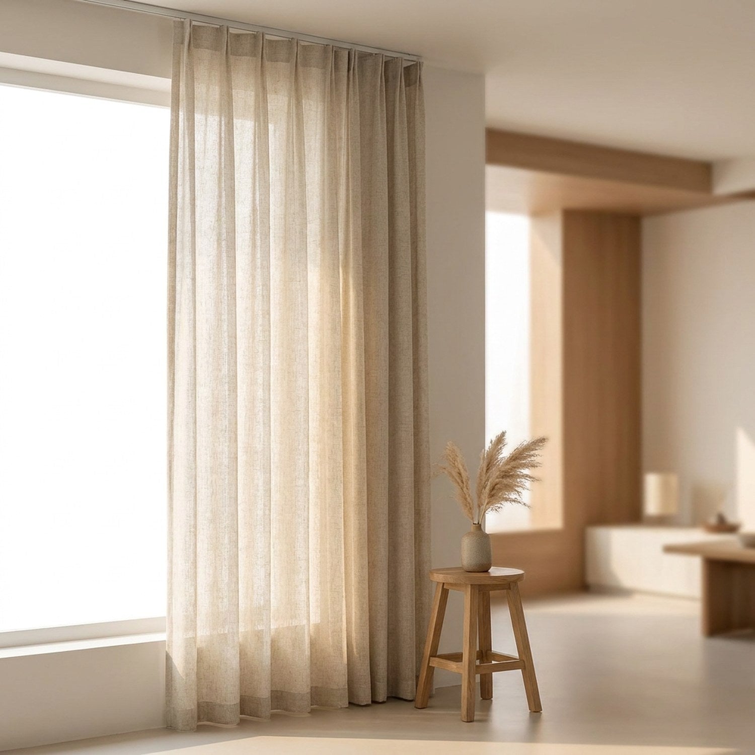 Voilage tamisant aspect lin naturel écru suspendu à une fenêtre dans un salon japandi lumineux