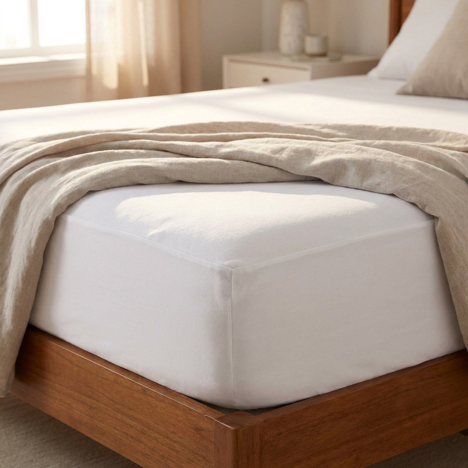 Housse de matelas blanche imperméable ajustée sur un matelas dans une chambre lumineuse