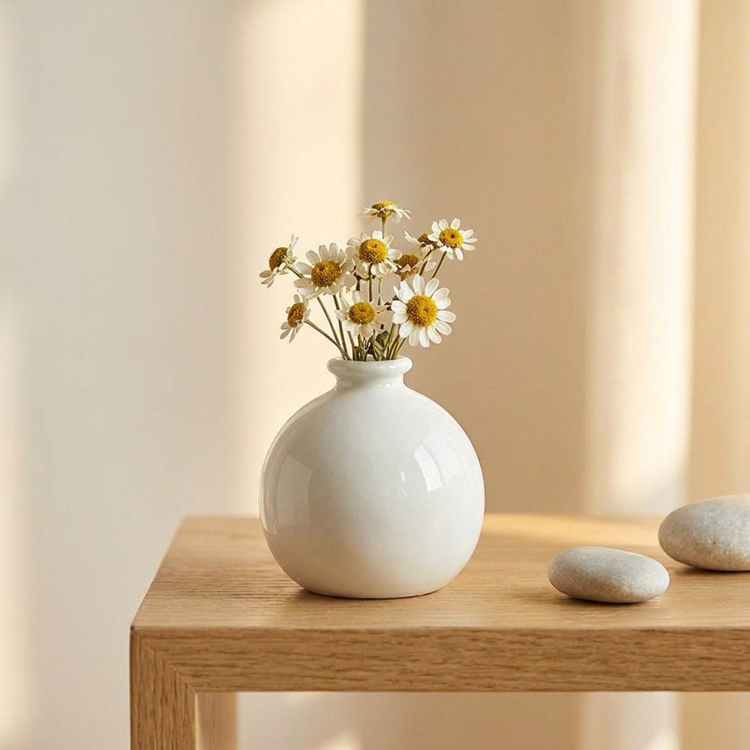 Vase boule céramique blanc sur fond neutre fleurs séchées