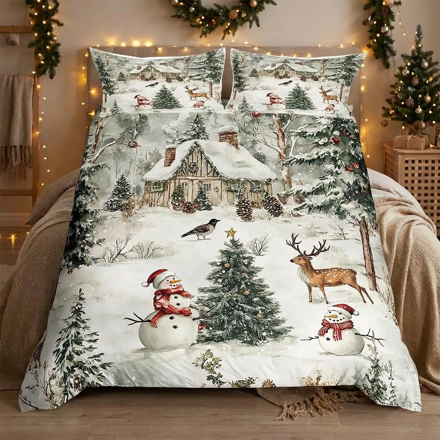 Parure de lit de Noël avec bonhommes de neige sapin et cerf dans une chambre chaleureuse