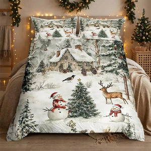 Parure de lit de Noël avec bonhommes de neige sapin et cerf dans une chambre chaleureuse