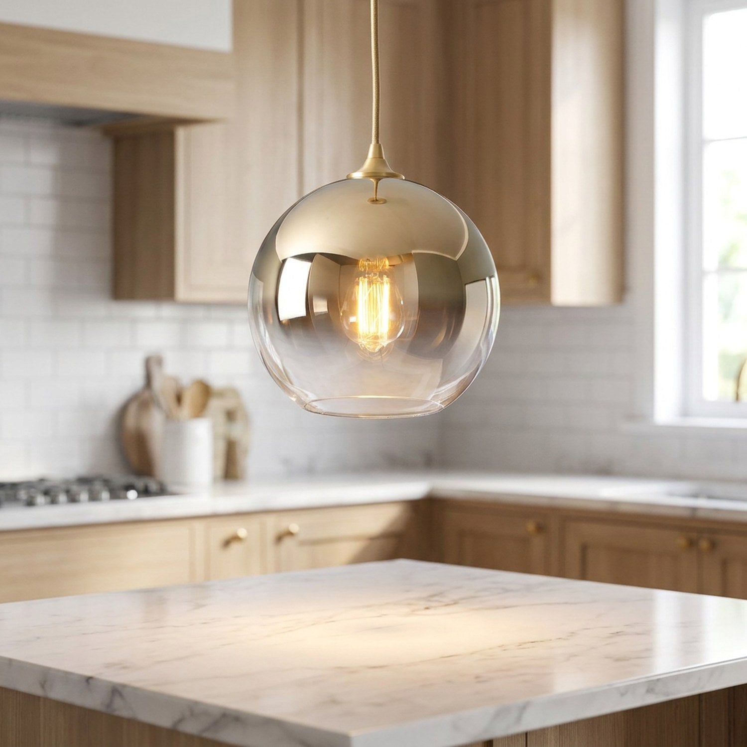 Suspension boule de verre au dégradé doré métallisé avec ampoule Edison allumée dans une cuisine moderne