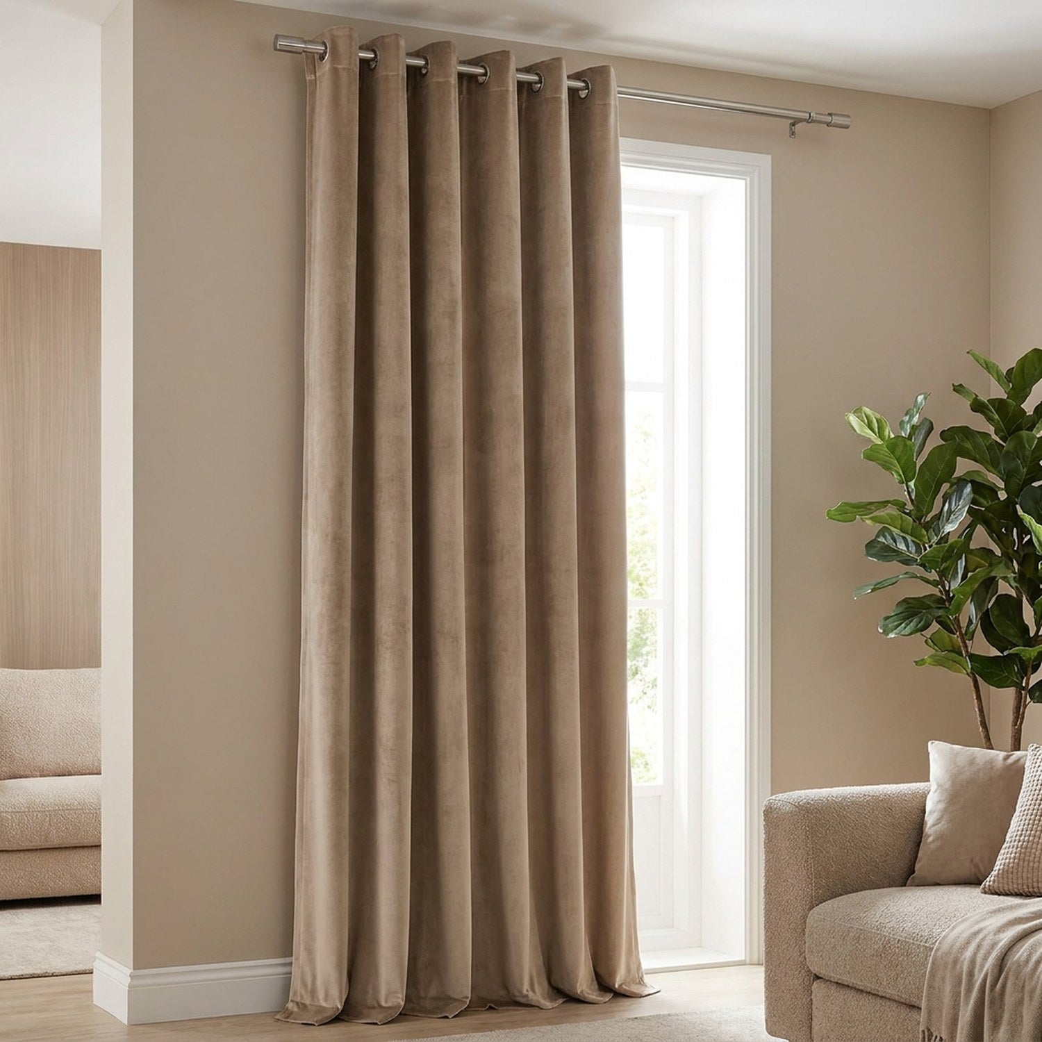 Rideau en velours beige à œillets suspendu devant une fenêtre dans un salon élégant