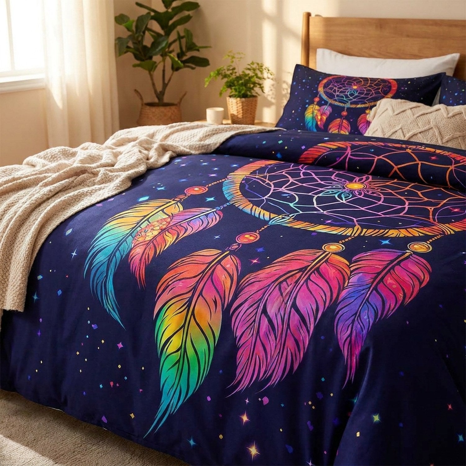 Parure de lit attrape-rêves boho mandala plumes multicolores sur ciel étoilé