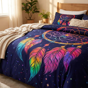 Parure de lit attrape-rêves boho mandala plumes multicolores sur ciel étoilé