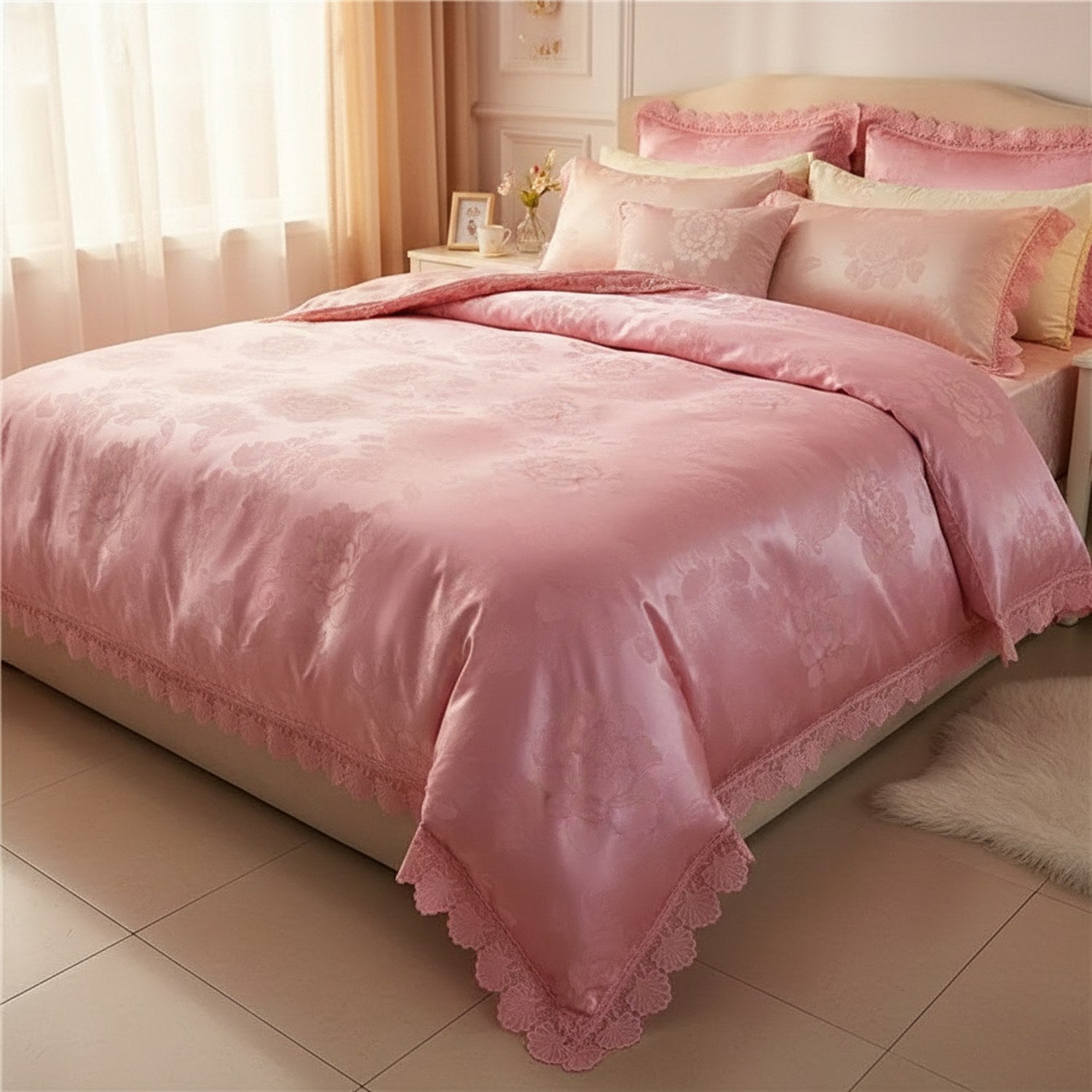 Couvre-lit en satin brillant rose au motif floral et bordure en dentelle sur un lit fait dans une chambre lumineuse
