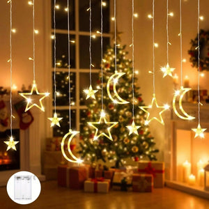 Guirlande lumineuse LED rideau étoile et lune blanc chaud dans salon de Noël
