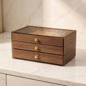 Boîte à bijoux 3 tiroirs en bois noyer avec couvercle fumé et boutons dorés