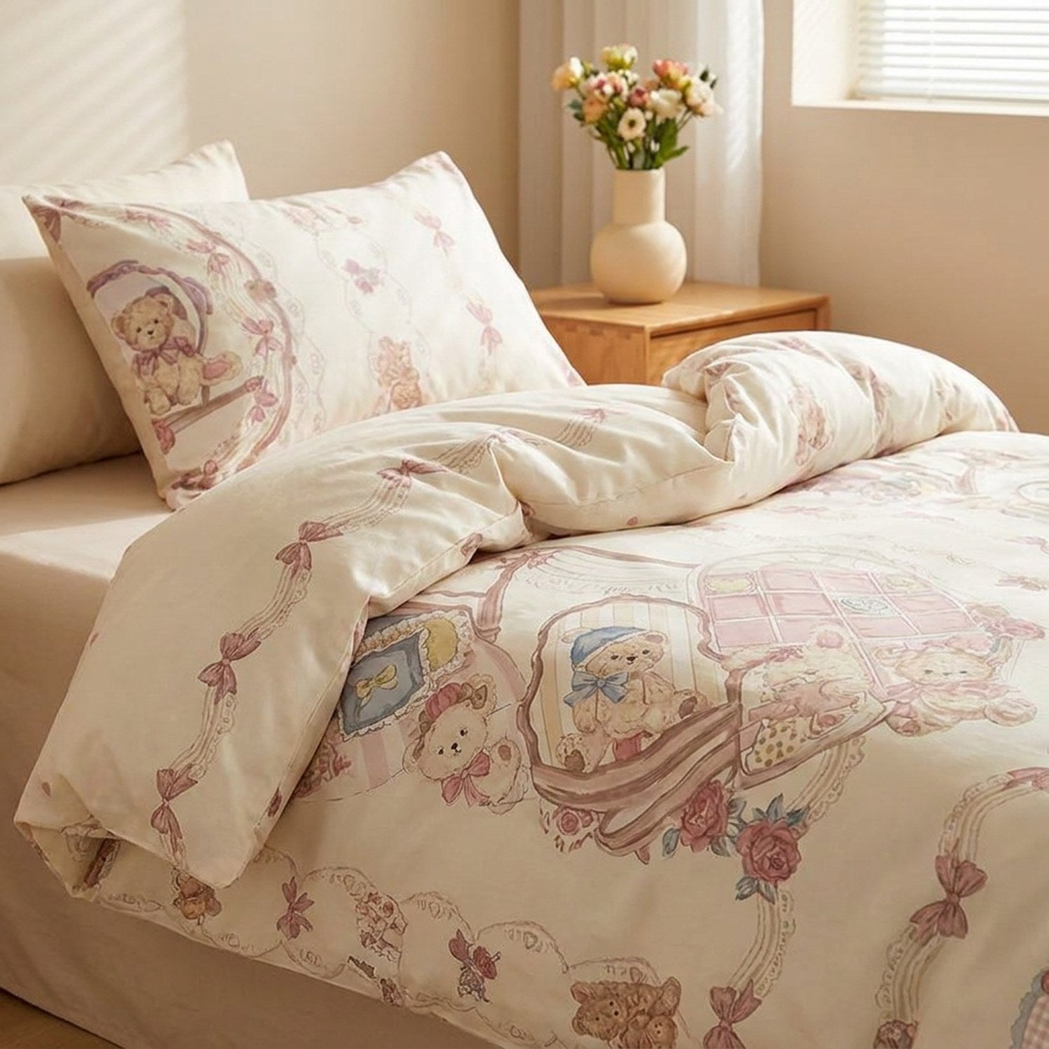 Parure de lit ourson mignon vintage avec housse de couette et taies assorties sur un lit douillet