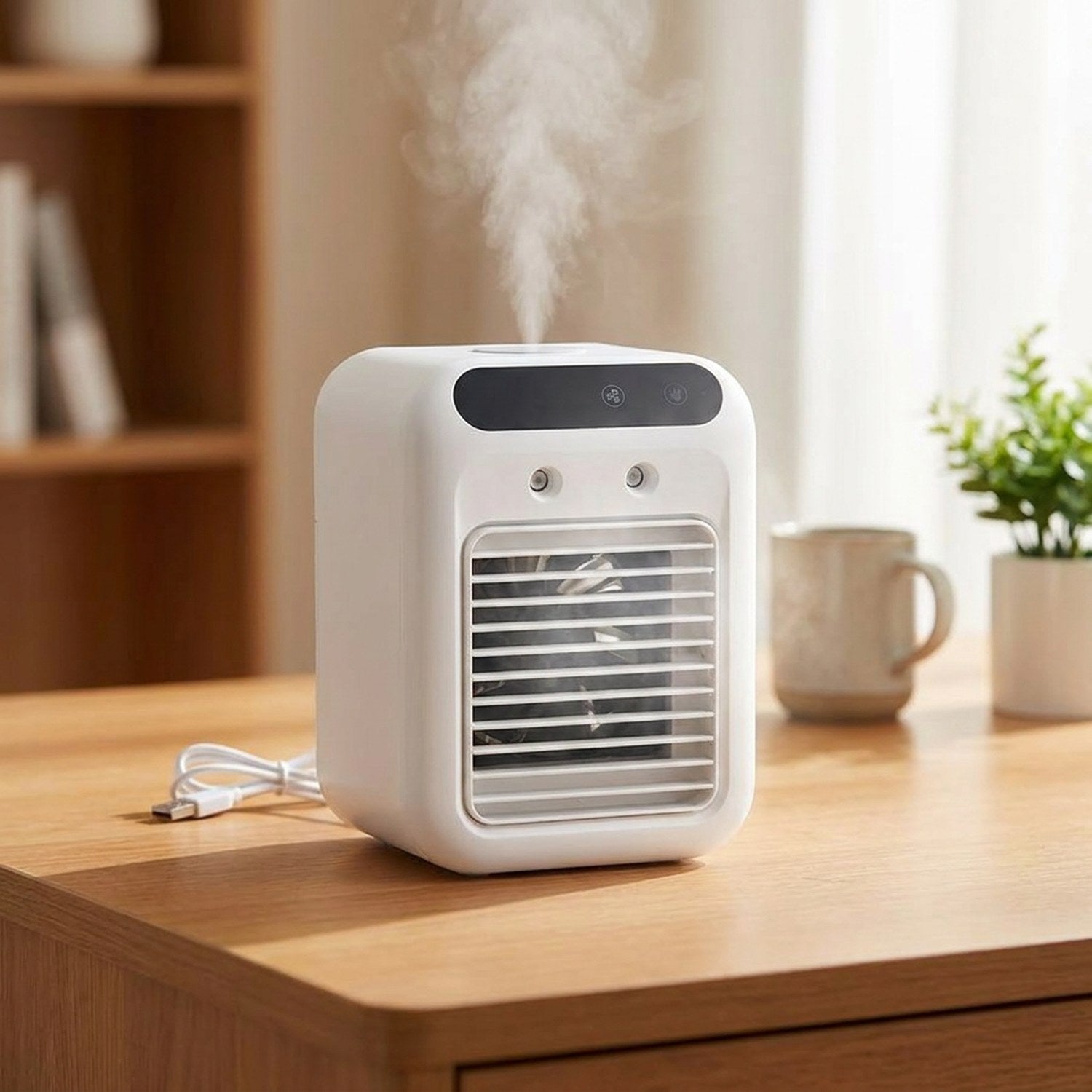 Ventilateur climatiseur portable blanc posé sur un bureau en bois diffusant une brume fraîche