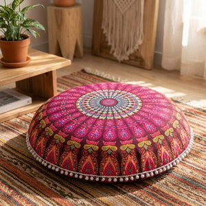 Housse de coussin de sol ronde bordeaux à motif mandala posée sur un tapis bohème