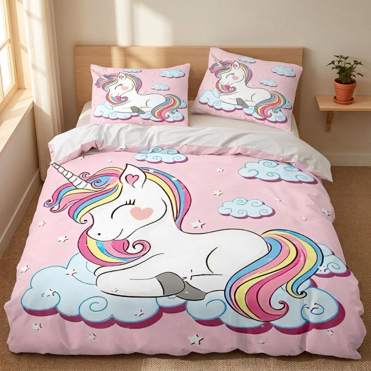 Housse de couette licorne endormie posée sur un lit dans une chambre lumineuse