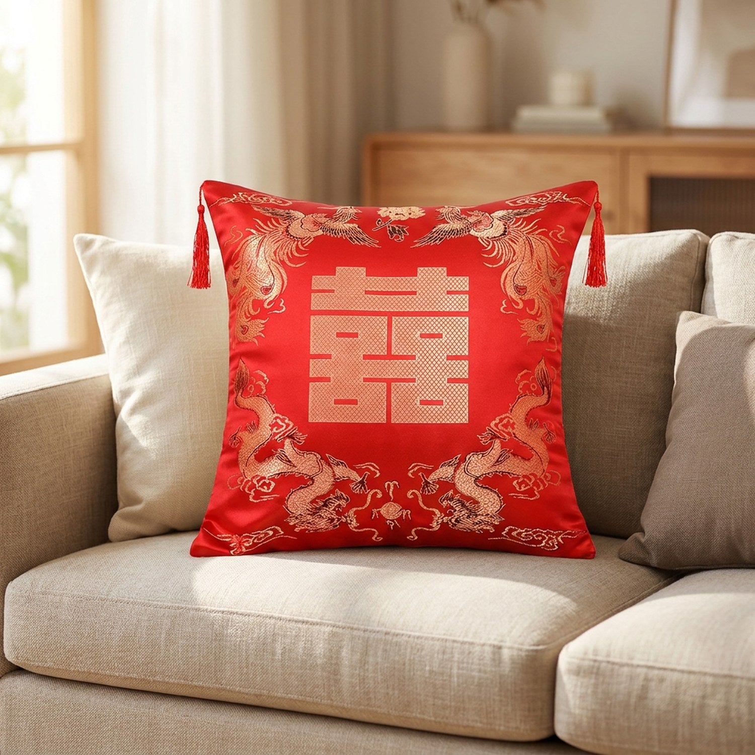 Housse de coussin en satin brodé rouge et or posée sur un canapé beige avec motifs chinois dorés