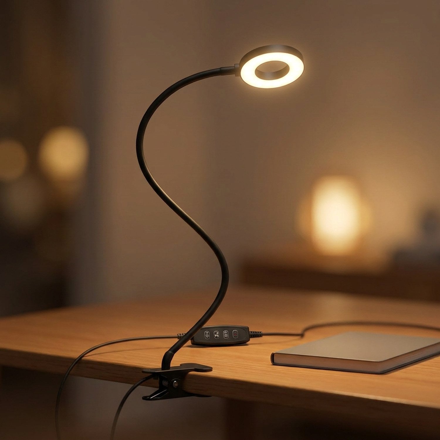 Lampe de bureau noire à pince avec col de cygne flexible allumée sur un bureau en bois