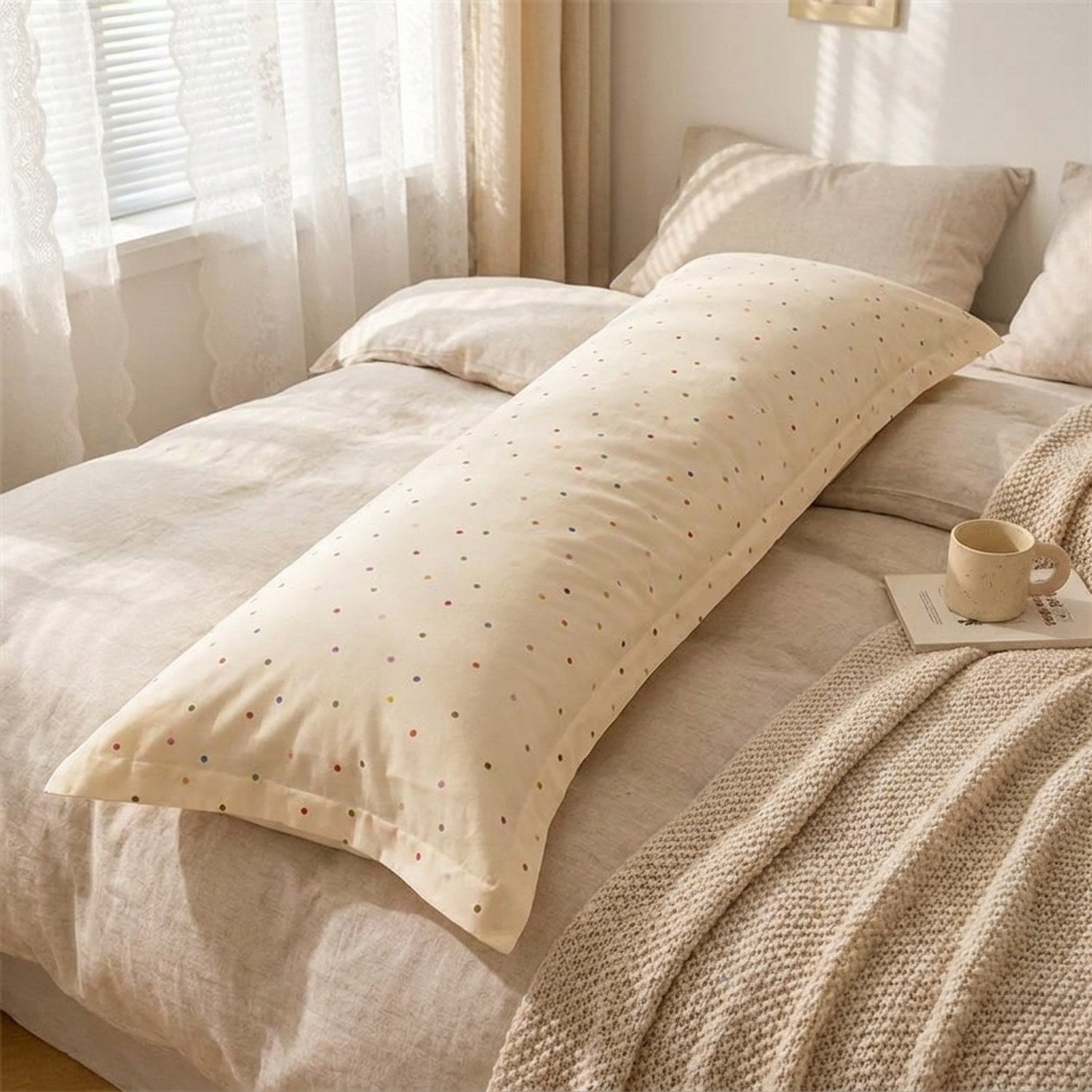 Taie d'oreiller longue imprimée pois posée sur un lit dans une chambre lumineuse et cocooning