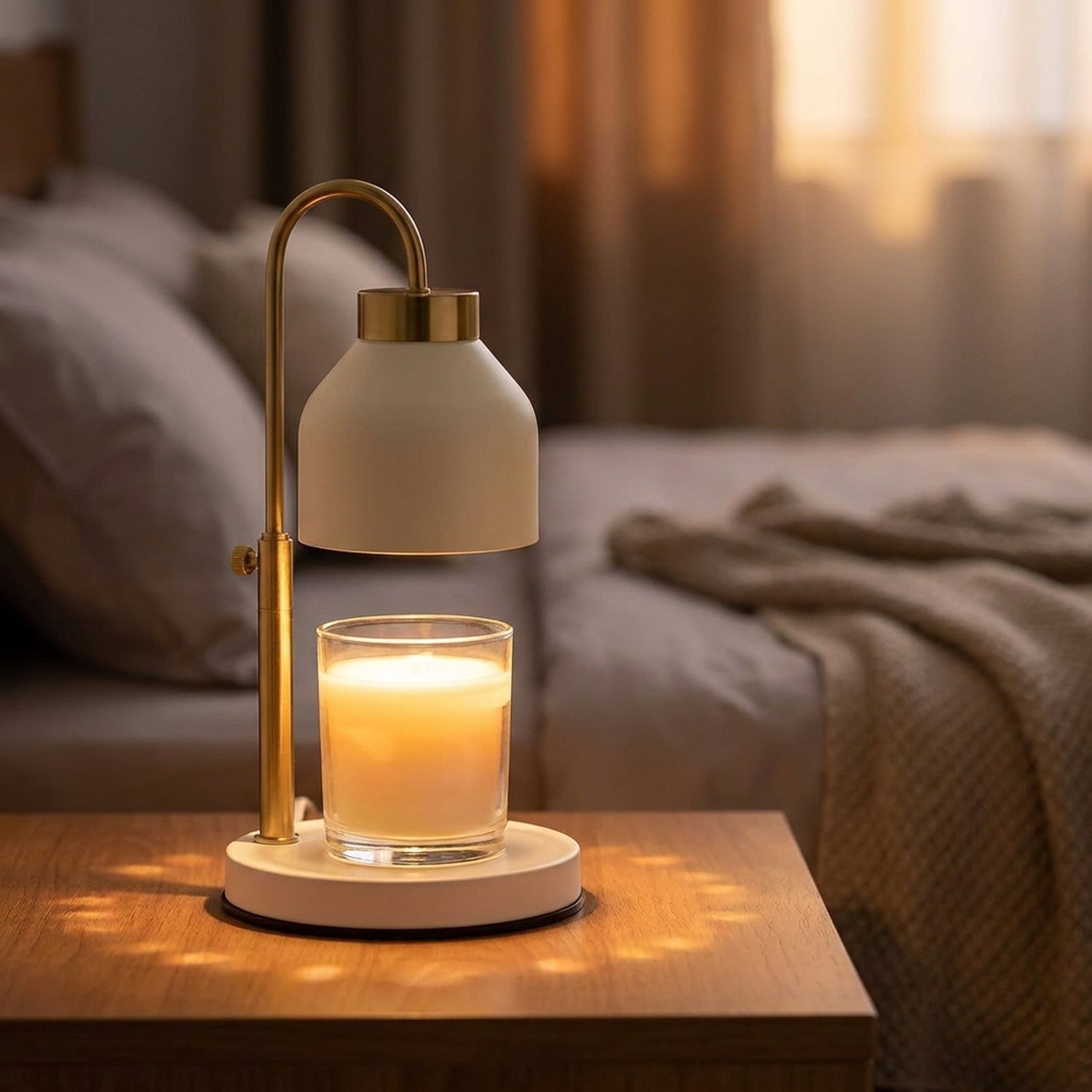 Lampe chauffe-bougie blanche au bras doré fin diffusant une lumière chaude au-dessus d'une bougie allumée