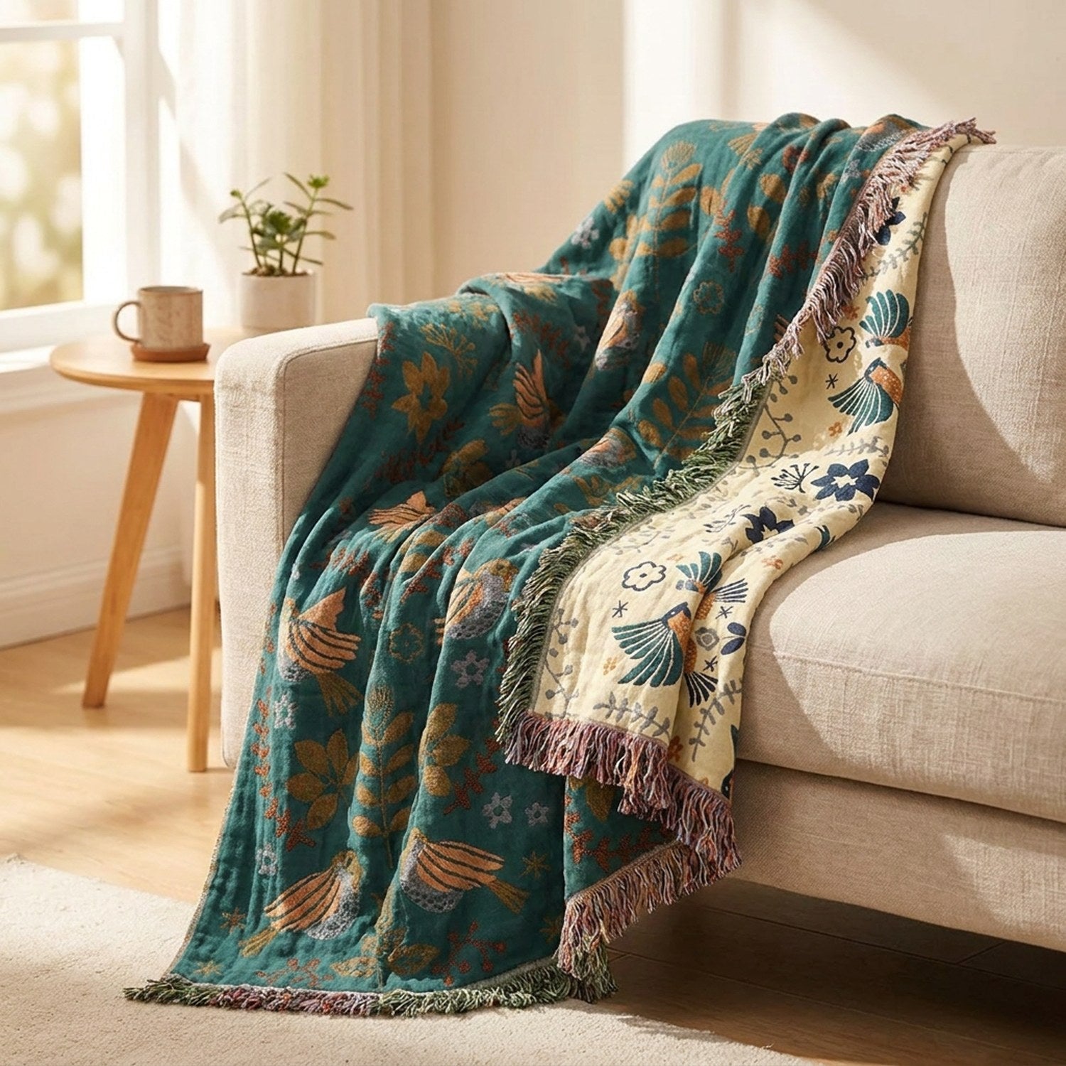 Plaid bohème en gaze de coton turquoise foncé à motifs oiseaux drapé sur un canapé