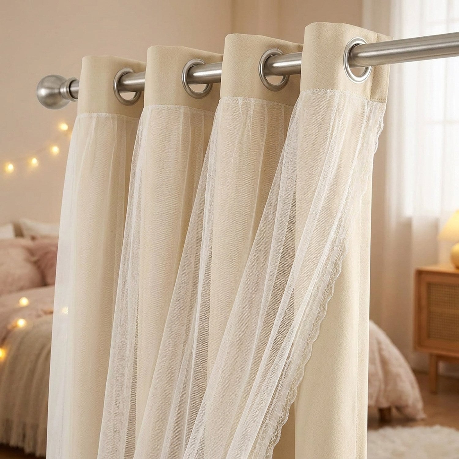 Rideau occultant chambre fille avec double voile romantique bordé de dentelle devant une fenêtre lumineuse
