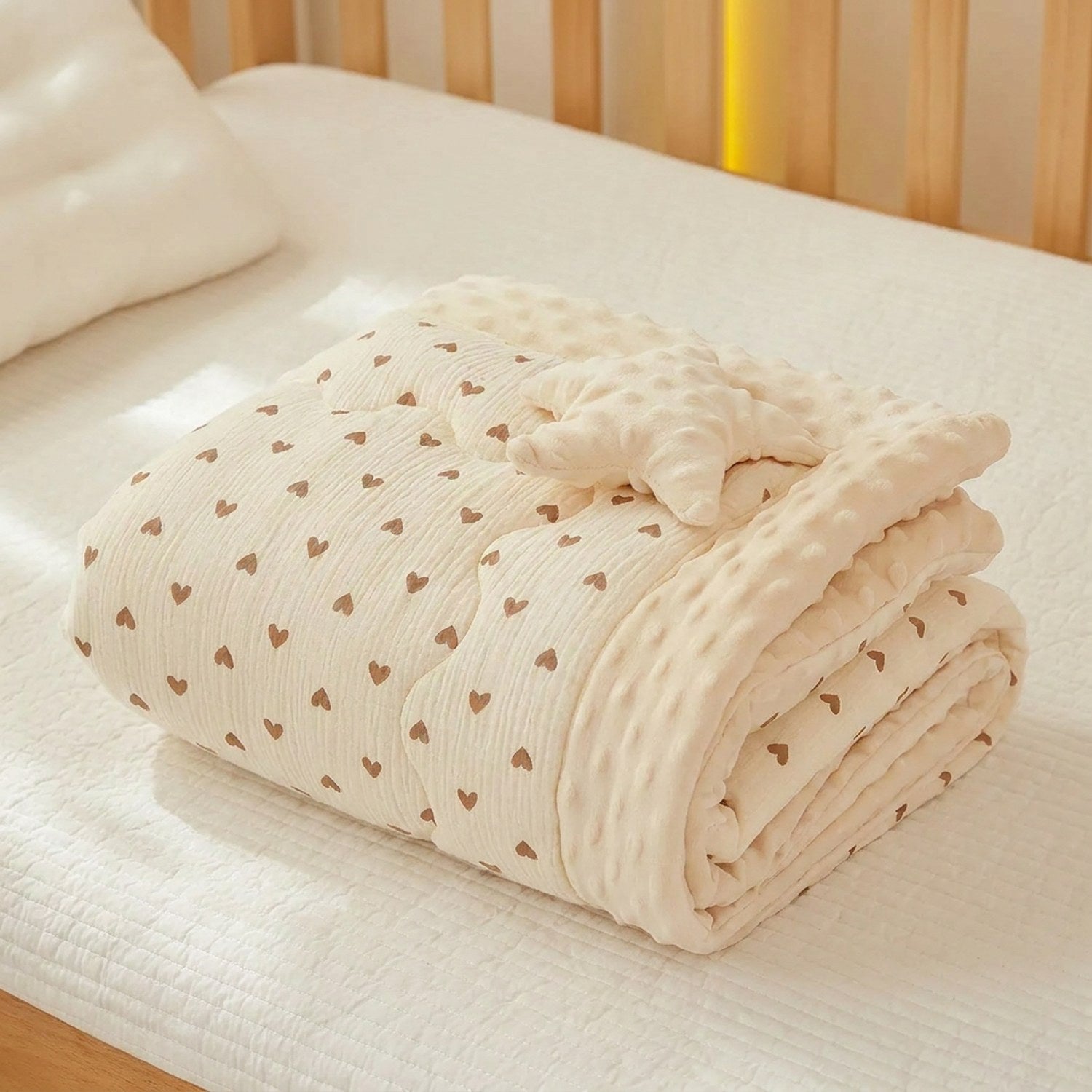 Couette bébé matelassée avec bordure moelleuse et doudou étoile posée sur un lit de berceau