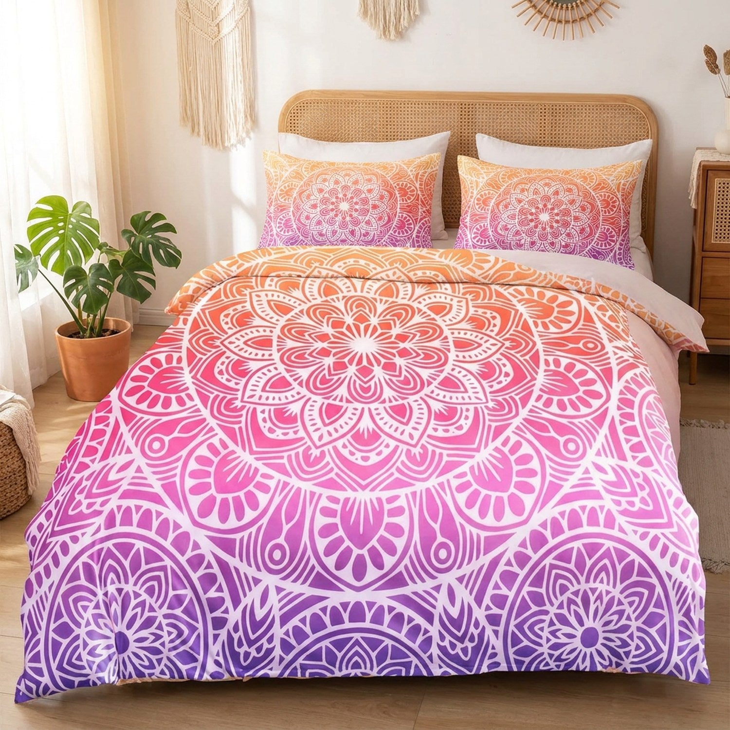 Parure de lit bohème mandala dégradé installée sur un lit dans une chambre lumineuse et chaleureuse