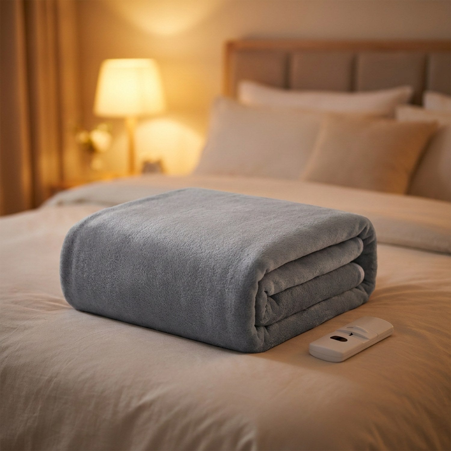 Couverture chauffante électrique grise pliée avec sa télécommande sur un lit