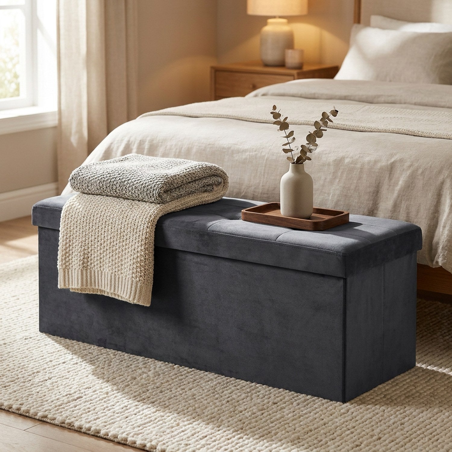 Banc coffre de rangement pliable en velours gris capitonné au pied d'un lit