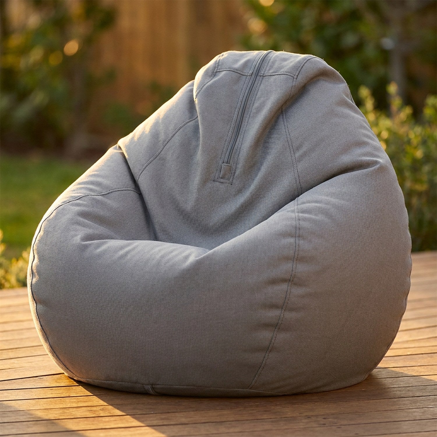 Housse de pouf poire grise imperméable posée sur une terrasse en bois ensoleillée