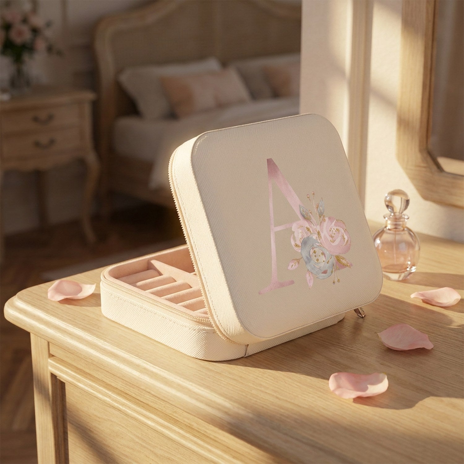 Boîte à bijoux de voyage initiale florale en simili cuir crème