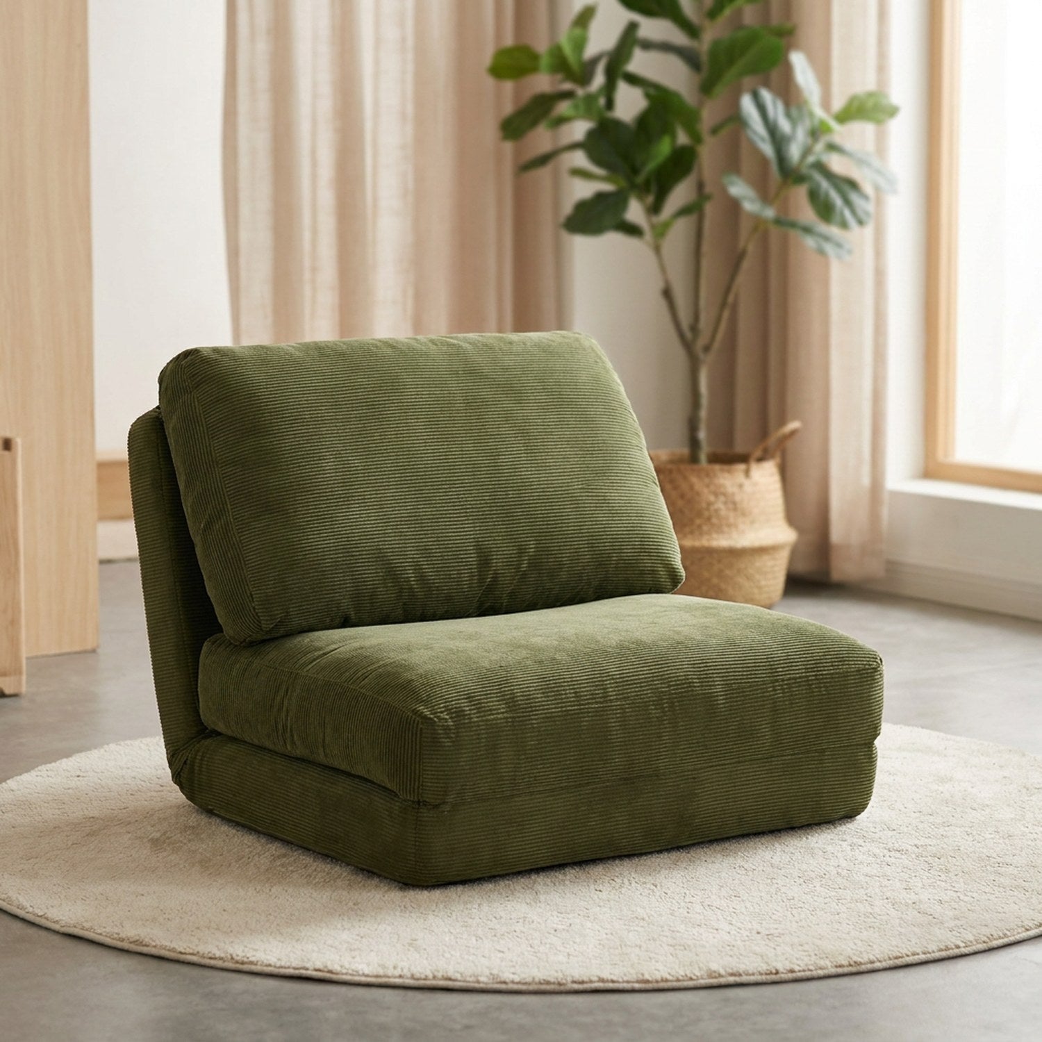 Fauteuil de sol pliable en velours côtelé kaki installé dans un salon lumineux et cosy