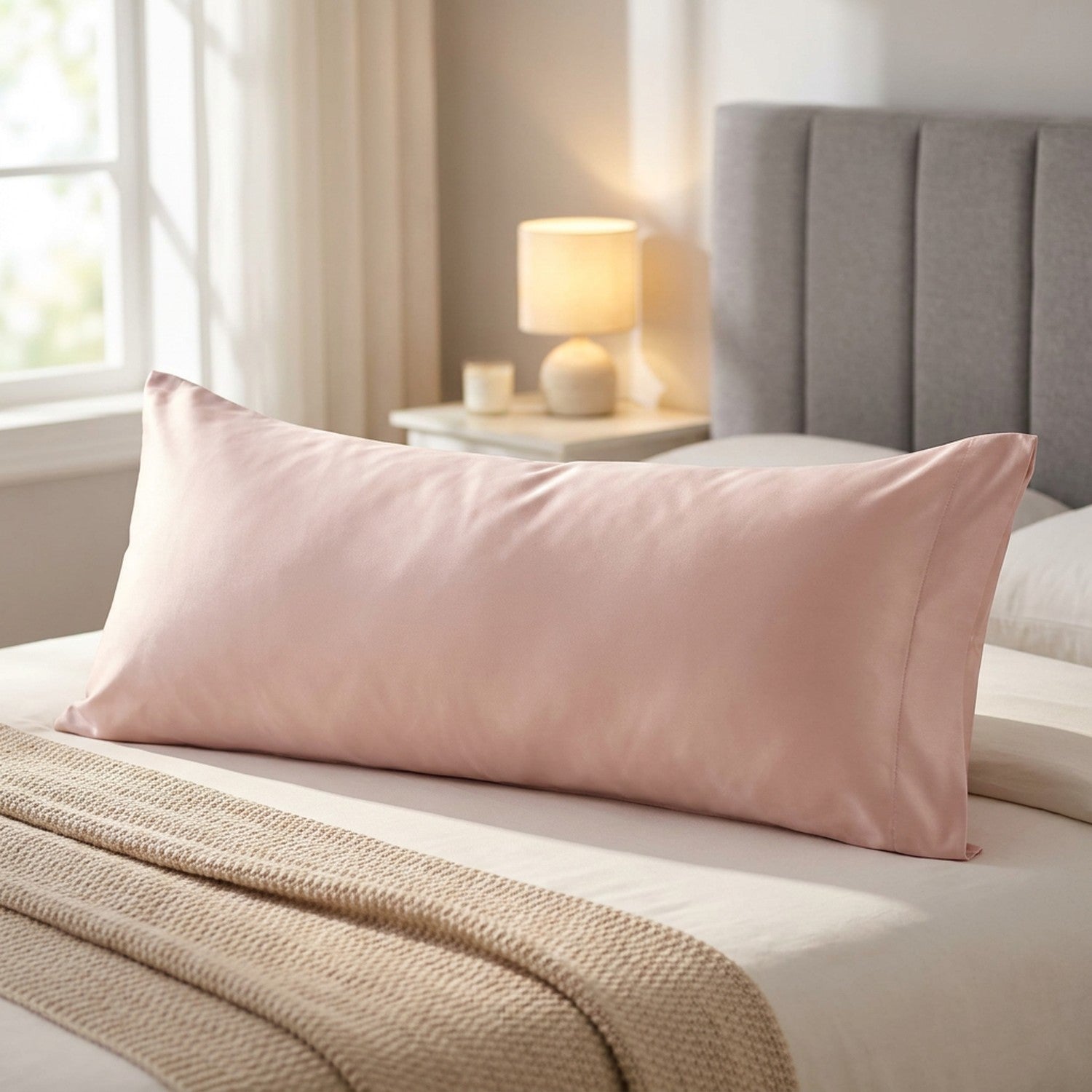 Taie d'oreiller longue en coton sateen rose posee sur un lit avec traversin dans une chambre chaleureuse