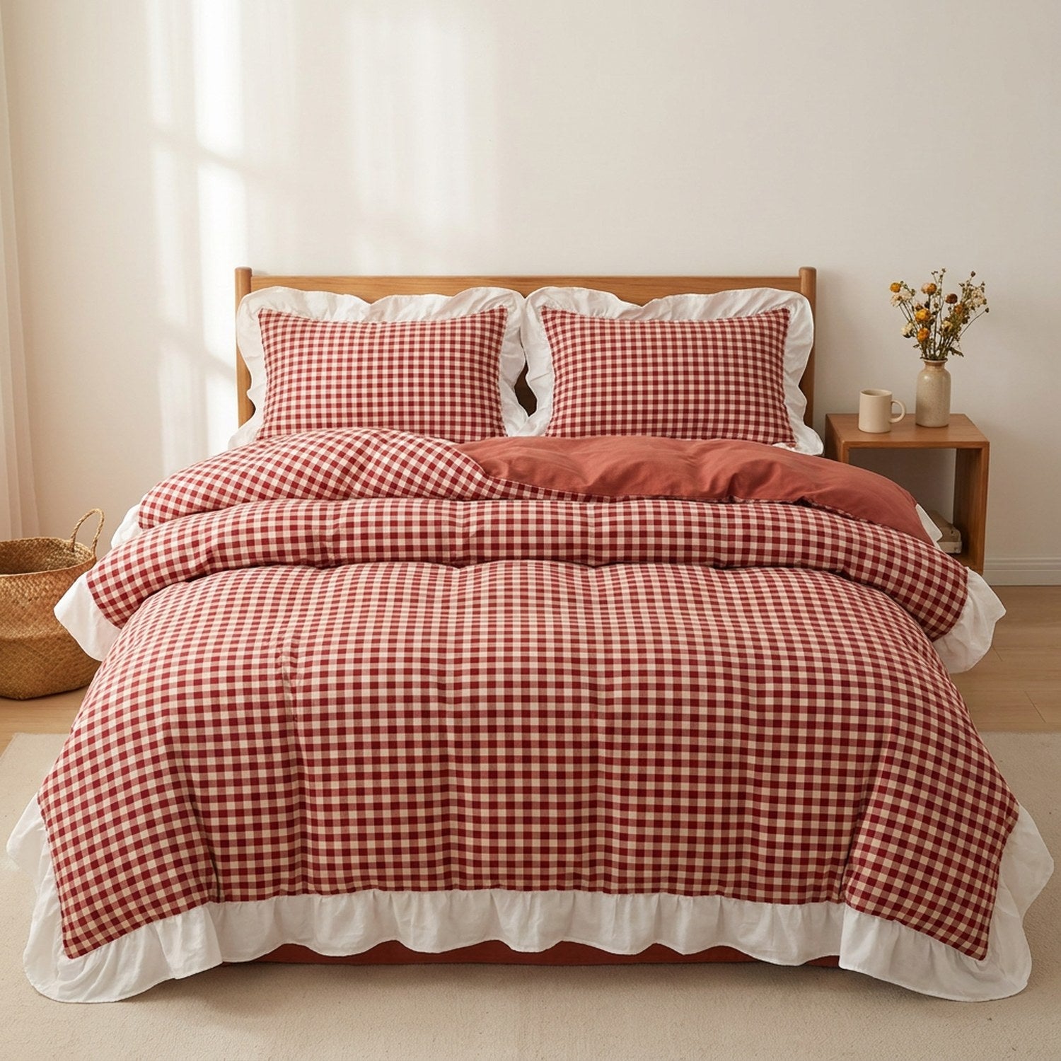 Parure de lit à carreaux vichy rouge avec volant blanc sur un lit dans une chambre romantique