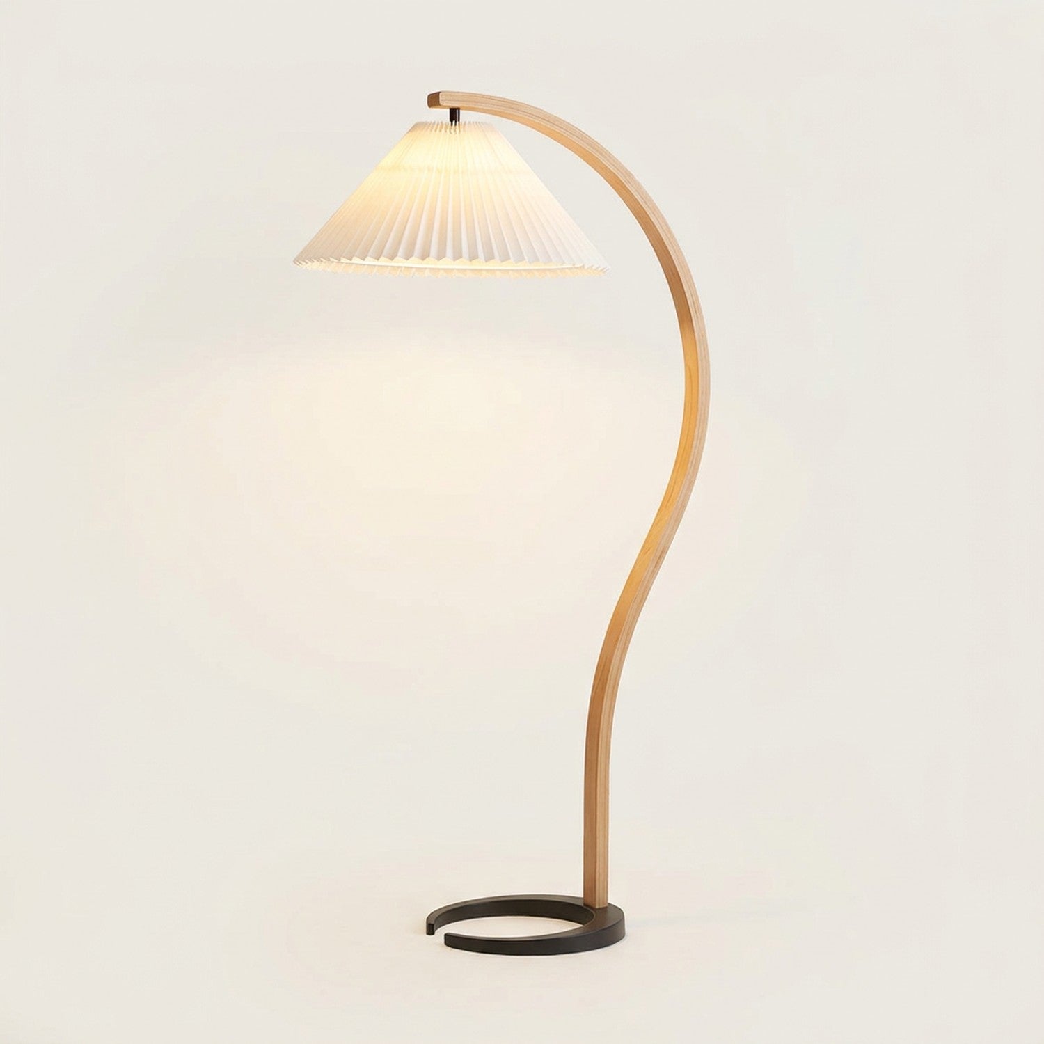 Lampadaire arc rétro en bois nordique abat-jour plissé blanc éclairage salon