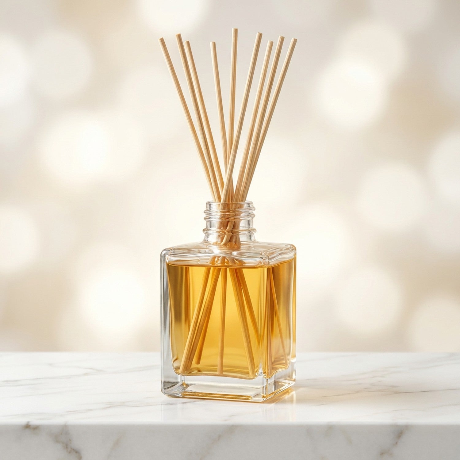 Diffuseur de parfum bâtonnets rotin flacon carré transparent sur étagère marbre fond blanc