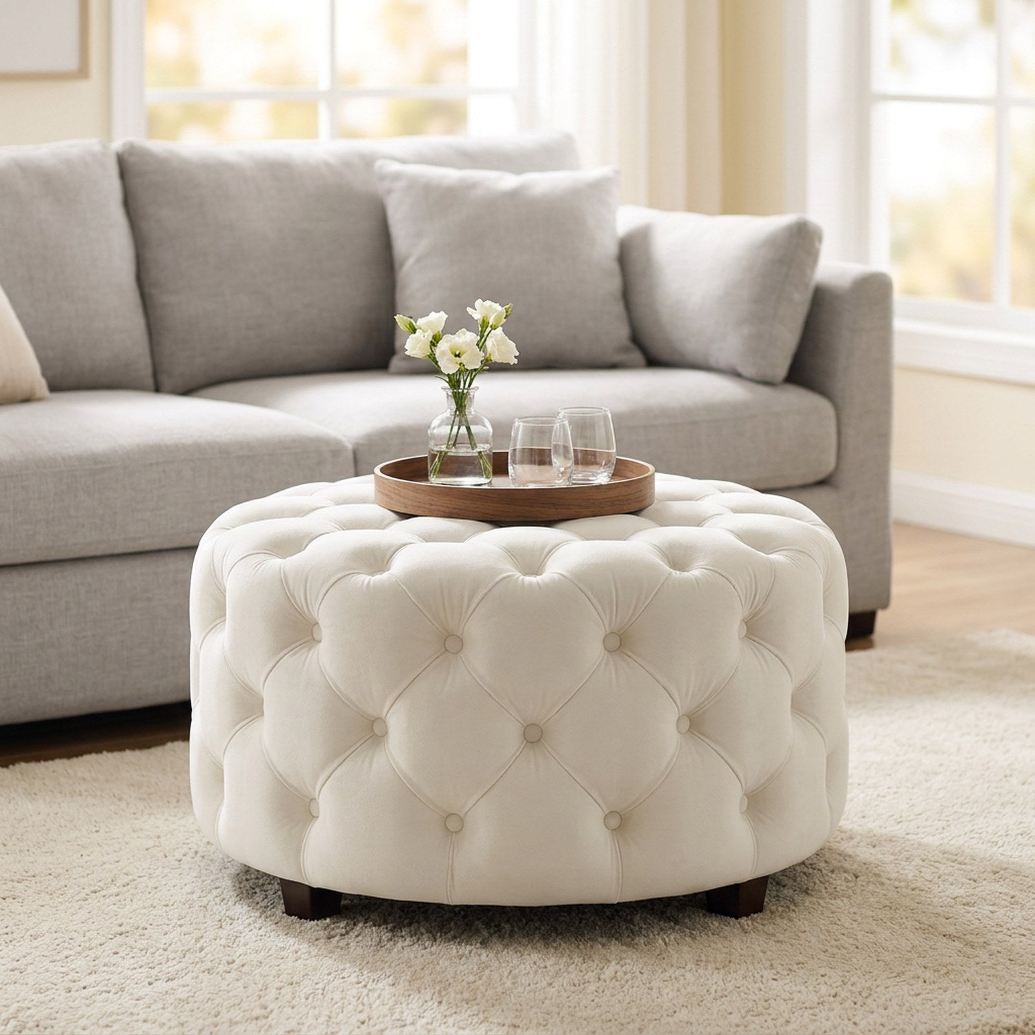 Tabouret pouf rond en velours blanc capitonné posé au sol dans un salon lumineux avec plateau et fleurs