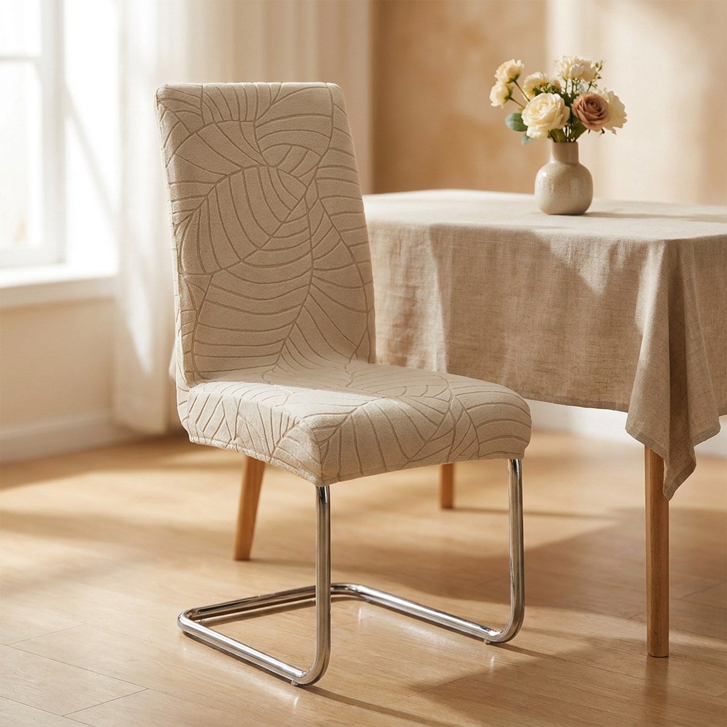 Housse de chaise beige à motif jacquard feuillage installée sur une chaise de salle à manger