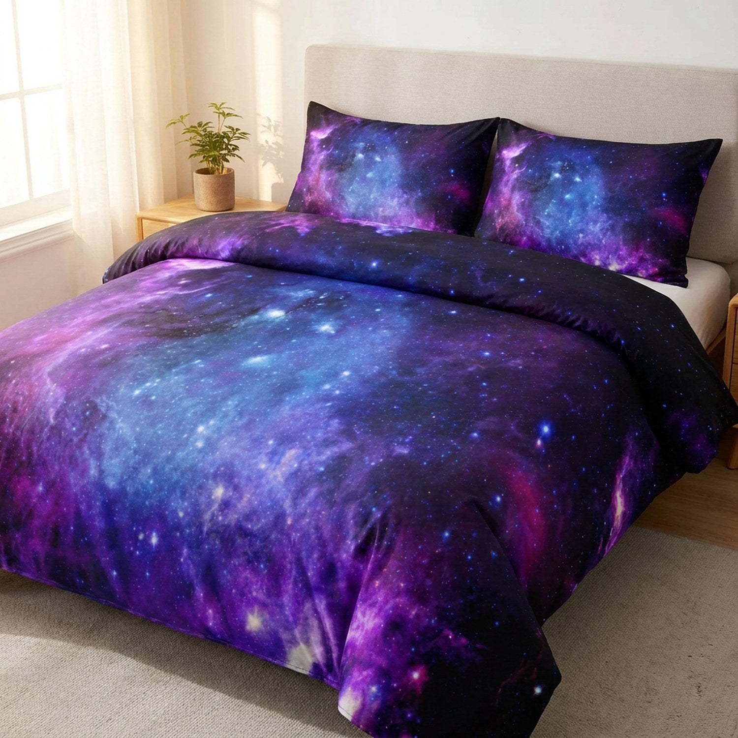 Parure de lit galaxie violette au motif de nébuleuse étoilée installée sur un lit dans une chambre chaleureuse