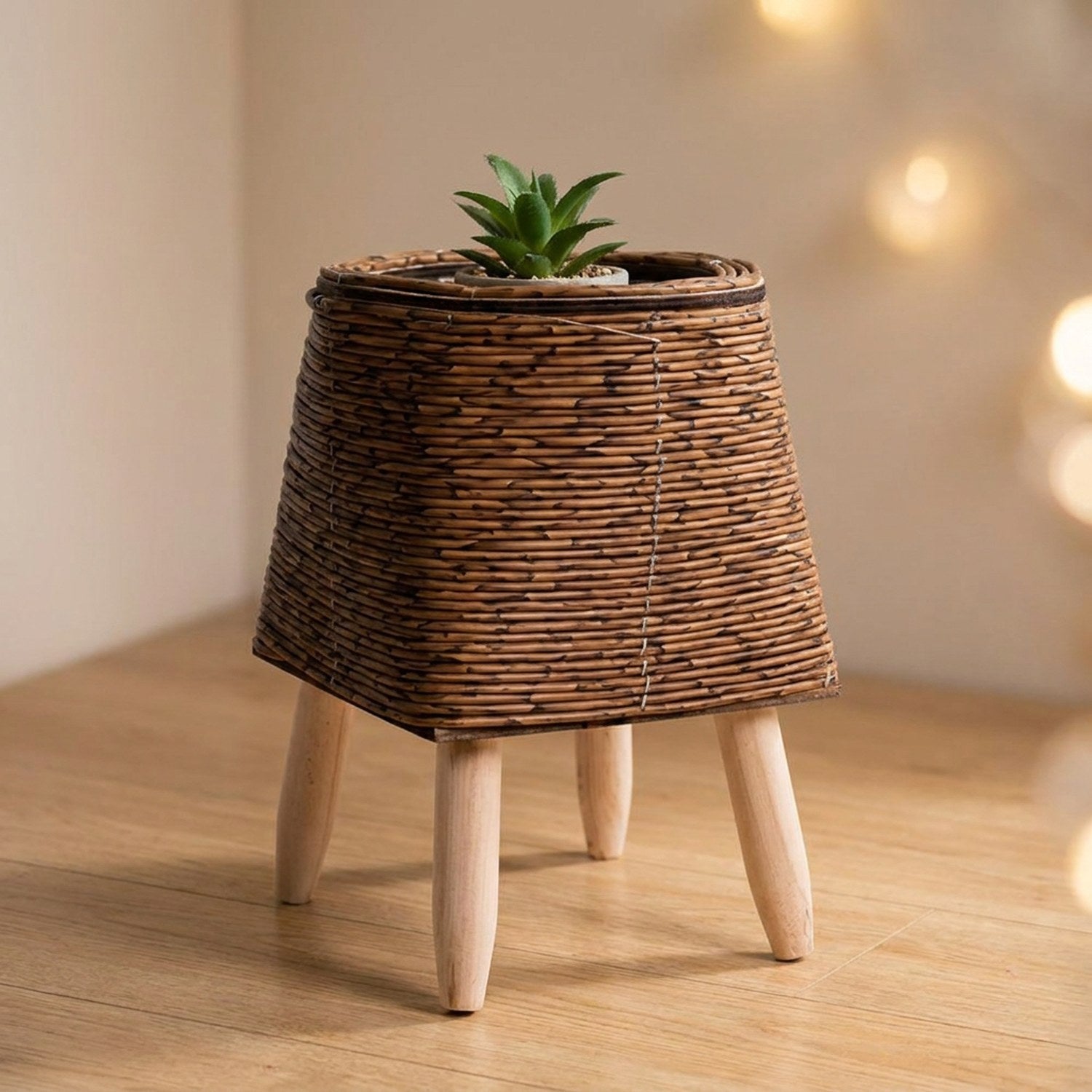 Cache-pot évasé en rotin marron foncé sur quatre pieds en bois avec plante